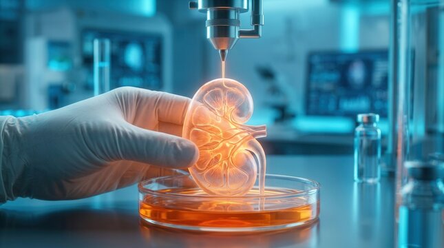 Scientist works with a 3D printed kidney organ model for medical research.