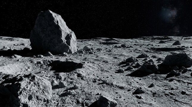 Vast alien landscape with craters and boulders on a rocky moon surface under a starry dark sky.