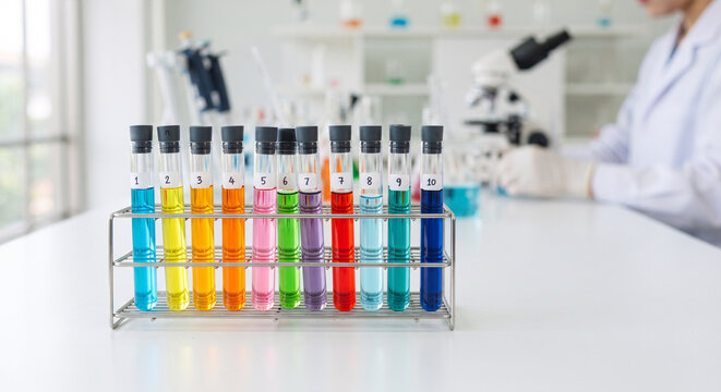 Row of numbered test tubes with colorful chemical solutions in rack in research laboratory