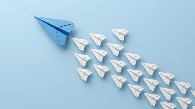 Distinct blue paper airplane leading a large group of white paper airplanes in a structured formation against a soft blue background, symbolizing leadership, innovation, and strategic guidance.
