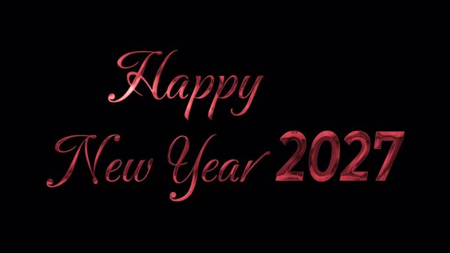 Happy New Year 2027 red liquid text animation with fluid droplets forming cursive lettering on a black background for vfx and transparent alpha channel overlays