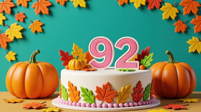 Birthday cake with number 92 decoration and pumpkins. Autumn leaves adorn cake and backdrop. Festive holiday celebration sweet treat, perfect for fall occasion. Number ninety two.
