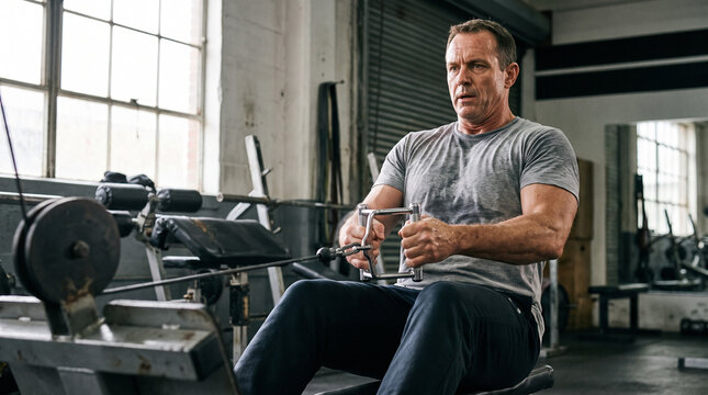 Middle-aged man exercising with rowing machine in modern gym  