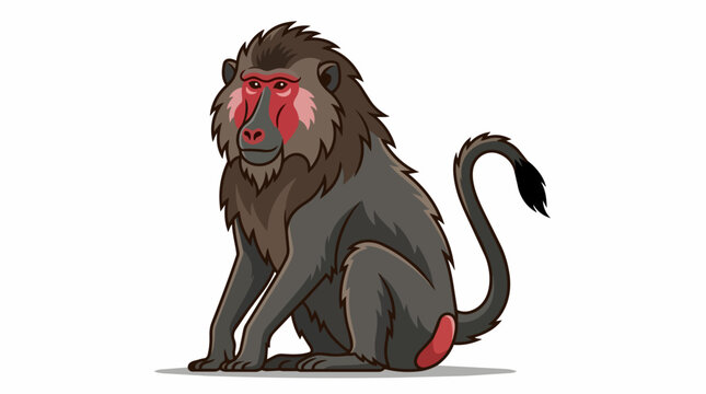 Detailed Sitting Mandrill Baboon Primate Illustration with Red Face and Thick Fur Isolated on White Background