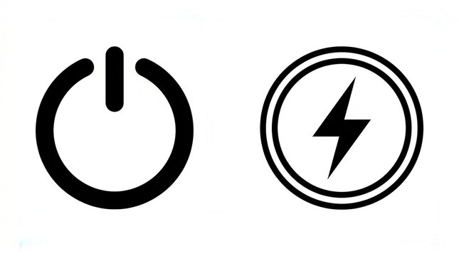 Simple black icons for power button and lightning bolt inside circle on white background.