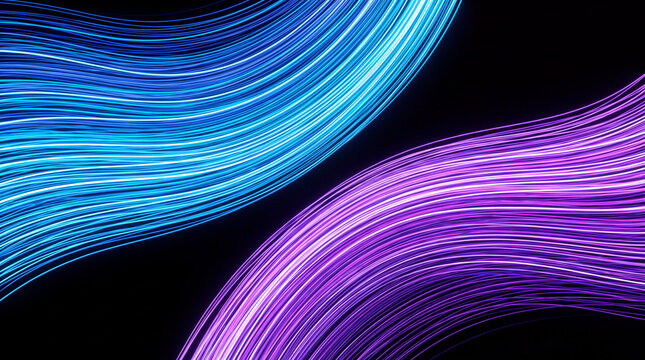 3D blue and purple light waves flowing across a dark background