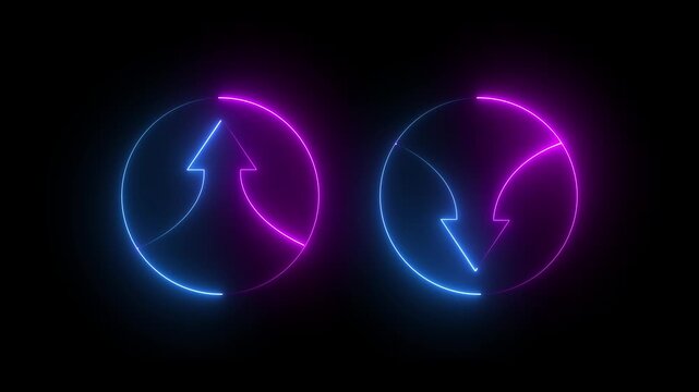 Blue and Purple Neon Up and Down Arrows in Circles on Black Background up arrow glowing