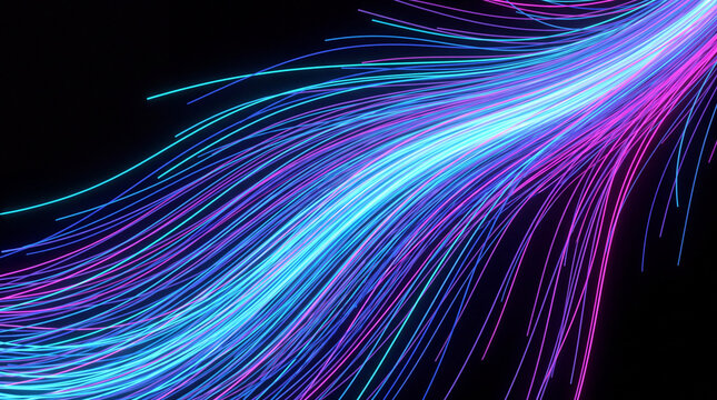 3D neon light trails flowing across a dark abstract background