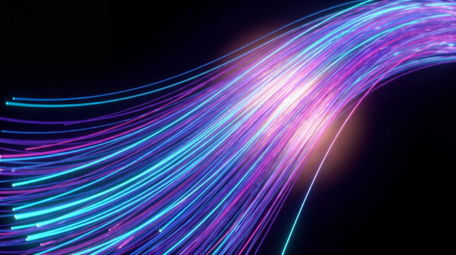 Sweeping cyan 3D fiber strands glowing against black space