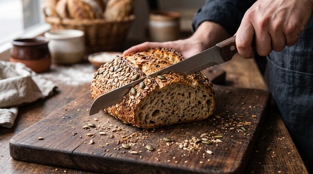 Knife Slicing Artisan Seeded Sourdough Loaf