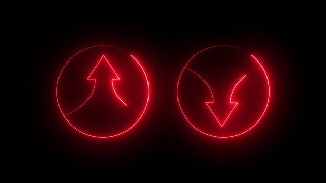 Red Neon Up and Down Arrows in Circles on Black Background up arrow glowing