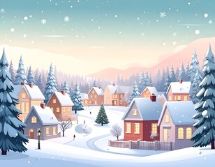 Fototapeta premium Vector illustration of snowy village at sunset.