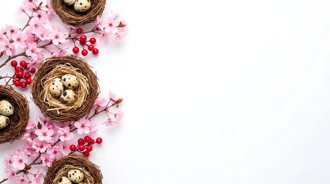 Bird Nests with Quail Eggs and Cherry Blossoms Border on White Background