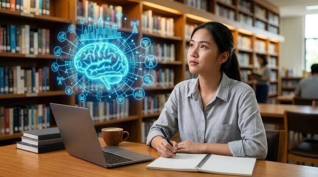 Asian student uses laptop in library with glowing brain digital graphic and smart city internet of things icons.