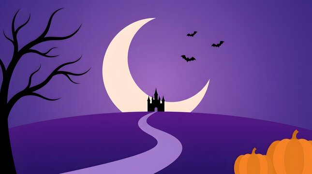 Minimalist purple Halloween background with massive copy space, crescent moon, tiny haunted castle silhouette, winding path, and pumpkins