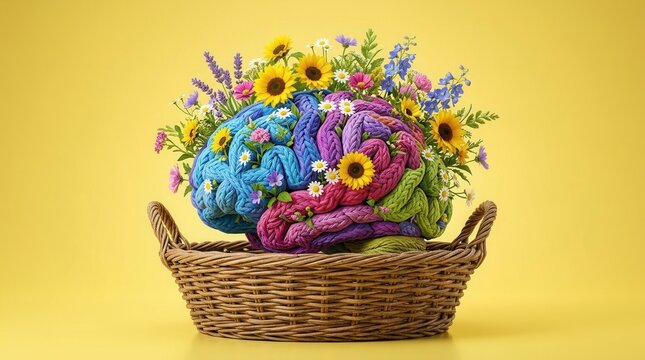 Vibrant mind concept banner featuring a colorful human brain composed of diverse wildflowers in a basket.