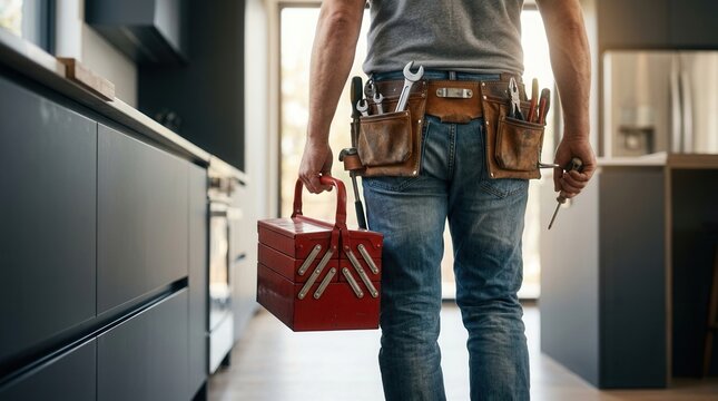 Male contractor with tool box walking in home for kitchen maintenance, service or repair job.