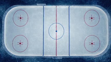 Naklejka premium Overhead ice hockey rink, frozen indoor arena surface with red and blue lines, winter sports background texture