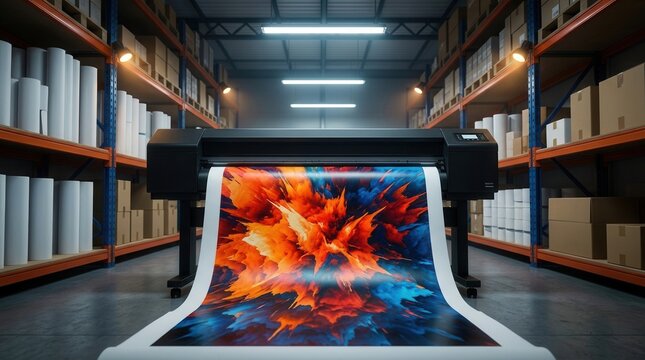 Vibrant large format print being created by an industrial inkjet printer on paper.