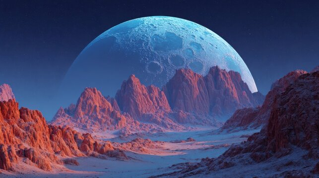Surreal alien moon landscape at dusk, futuristic rocky mountains and icy valley, cinematic sci-fi background for concept art