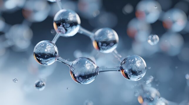 Abstract molecular structure close-up, glossy water droplets and connecting nodes, blue scientific background for chemistry concepts