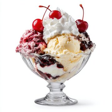 Classic ice cream sundae in glass dessert bowl, whipped cream and cherries, vanilla and berry scoops on white background