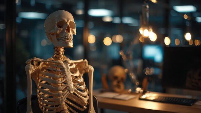 Creepy human skeleton model in dark lab, anatomical bones display with bokeh lights, Halloween education concept photo