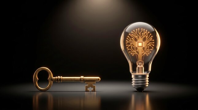 Glowing glass light bulb featuring intricate gold circuit board filaments placed beside an antique metallic skeleton key on reflective surface