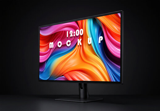 Black Computer Monitor Display Mockup on Dark Studio Background