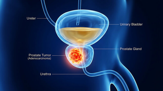 Medical diagram of prostate tumor and urinary system anatomy