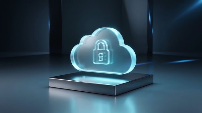 Glowing glass cloud symbol featuring a secure padlock icon displayed prominently on a reflective metallic platform with cinematic blue lighting