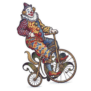 Colorful vintage clown riding bicycle, circus engraving with whimsical ornate decorative patterns.