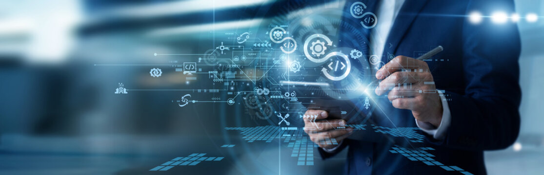 Cloud architect working on tablet streamlining DevOps deployment pipelines, monitoring continuous integration workflows, managing serverless infrastructures, and optimizing application delivery.