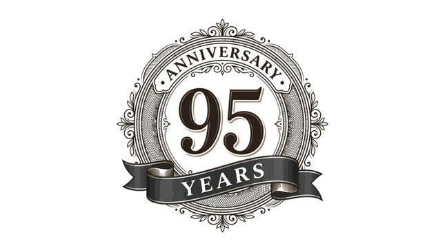 Elegant ninety-fifth anniversary emblem featuring intricate vintage frame decorative lines and a bold dark ribbon
