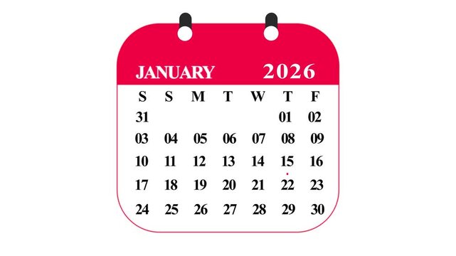 Red january 2026 calendar with dates and days