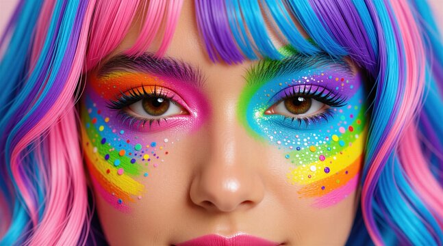 Young woman with colorful rainbow face paint, bright wig. Close up portrait of female model in creative makeup. Vivid blue pink yellow orange purple pigment skin texture. Artistic carnival style