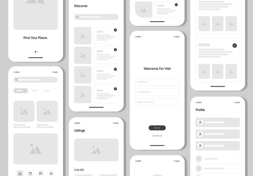 Real Estate Mobile App Wireframe with Minimal Style