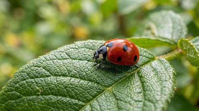 Small red ladybug sitting on a green leaf in the garden