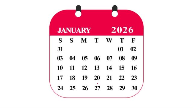 Red calendar showing january 2026 with dates and days