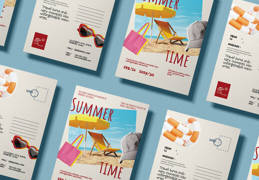 Summer Travel Postcard Template, Vintage Beach Vacation Card Design