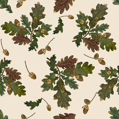 Watercolor oak branches and acorns seamless pattern on warm ivory beige background © Olga