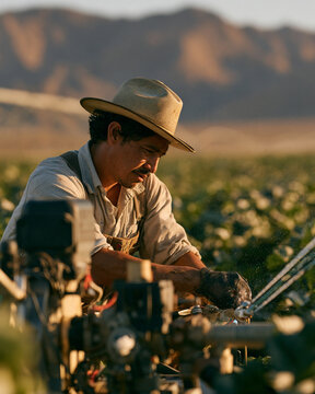 Agricultural worker irrigation equipment farm field crop inspection farmer hat mountain rural, male worker checking irrigation system in sunlit crop field with mountain background