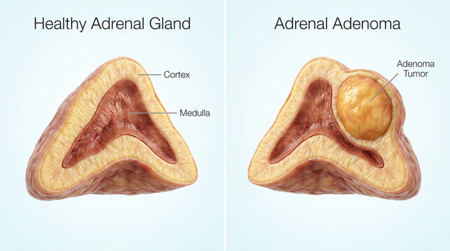 Healthy Adrenal Gland Versus Adrenal Adenoma Tumor 3D Illustration