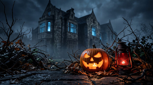 A spooky jack o lantern and vintage lantern sit before a dark haunted mansion on a foggy night