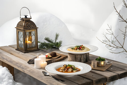Cozy winter outdoor dining table setup with soup bowls and candlelight in snow