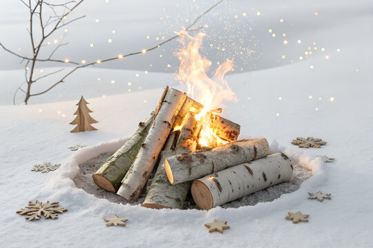 Small campfire burning brightly with wooden logs in a snowy landscape, campfire