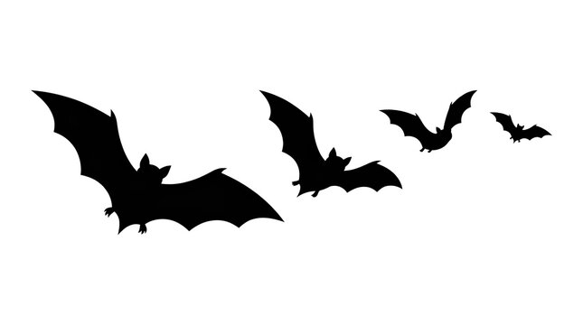 Black silhouettes of flying bats on white background.