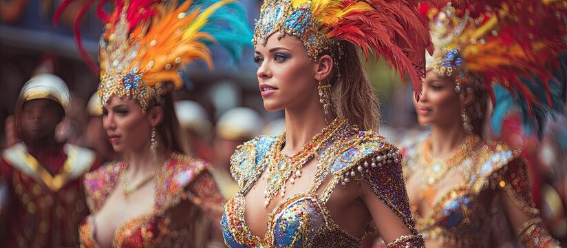Colorful Carnival Dancers Women Wearing Bright Feathered Headdresses in Festival Parade