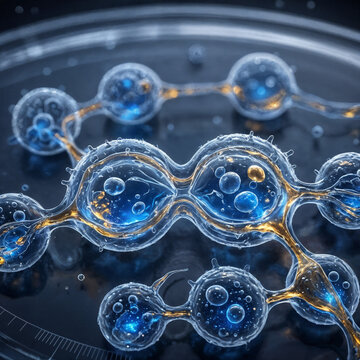 Microscopic close up of bioluminescent dividing synthetic cells with blue and golden glowing particles
