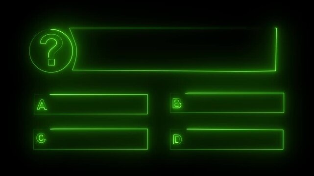Quiz glowing neon template featuring multiple choice options and a central question mark symbol against a dark background, representing digital testing or trivia interactive game interfaces easily.